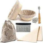2pcs Bread Proofing Basket Set Sourdough Bannetons with Linen Cloth Liner Dough Scraper Proofing Cloth Linen Storage Bag (9inch Round + 10inch Oval Set)