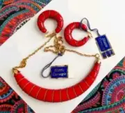 Vtg Hattie Carnegie Retro Gold Crescent Moon Red Necklace Collar Earrings set J2