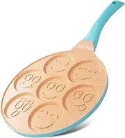 Joejis 7 Hole Pancake Pan 26cm - Smiley Faces Mold - Non Stick and Induction Suitable - Lightweight Cast Aluminium - Mini Pancake Frying Pan - Fun Activity for Kids Breakfast - Blue