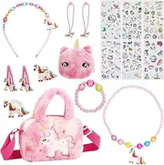 ViEinkaufen 18pcs Unicorn Jewellery Set for Girls,Plush Unicorn Crossbody Bag Purse with Jewelry Sets Unicorn Necklace Bracelet Rings Hair Ropes Earrings Hairpin Stickers for Birthday Party Favors