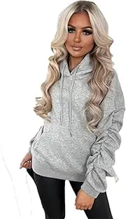 eyes Ruched Sleeve Hoodie Womens Plain Fleece Hooded Top Front Pockets Soft Warm Loose Fit Stretchy Stylish Sweatshirts Pullover Ladies Plus Sizes Long Sleeve Winter Hoodies Tops For Women UK 4-14
