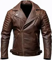 [Sumairah] Mens Motorcycle Coat Double Rider Zipper Multi Pockets Stand Collar Bikers Genuine Leather Jackets