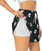 [WURTON] Skull Print Exercise Gym Workout Shorts Women's Athletic Shorts Dual-Layered Yoga Running Shorts