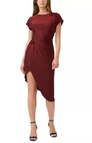 AIDAN MATTOX Dress size 14 Red Asymmetrical Hem Metallic Ruched NWT $195