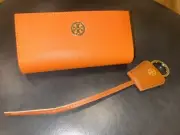 Lot 2 Tory Burch Pebbled Leather brown luggage Tag & Glass Case Mint $$$