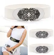Retro Totem Waistband Elastic Stretch Dress Waist Belt Buckle Band Women - White