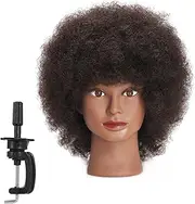 Traininghead 10'' Afro Mannequin Head With 100% Human Hair Training Head Manikin Cosmetology Doll Head For Hairdresser With Clamp Stand (C)