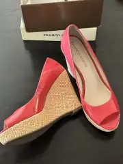 FRANCO SARTO WEDGE HEEL Salmon Pink Coral Patent Leather Peep Toe Platform 8.5 M