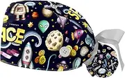 [WOSHJIUK] Working Hat 2 Pack Scrub Caps for Women,Cartoon Rocket Planet Space,Tie Back Cap Adjustable Scrub Hat