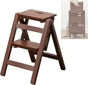 Folding Wooden Step Stool, Household Solid Wood Step Ladder, load up 100kg, Multi-Function Ladder Chair with Anti-Slip Wide Pedals, Portable Storage Rack for Ladders, Stools, Bookcases(Coffee,2 layers