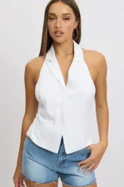 White Vest Top V Neck Halter Neck Open Back - Size 14L, Women's Jacket