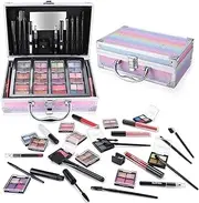 YBUETE Makeup Kit with Train Case for Teen Girl Women, Full Starter Cosmetic Set, Beginner Makeup Present, Reusable Full Cosmetic Train Case for Girl, Included Eyeshadow Blush Contour Eyebrow (Pink)