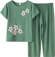 [FindThy] Women’s 2 Piece Linen Outfits Short Sleeve Floral Print Lounge Sets Crewneck Summer Suits(1781-01GreenA2-L-LB), 01 Green, Large