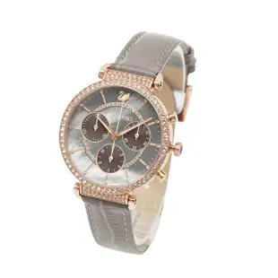 【SWAROVSKI 施華洛世奇】PASSAGE CHRONO 灰色三眼計時皮革錶帶腕錶 手錶 女錶 母親節(5580348)