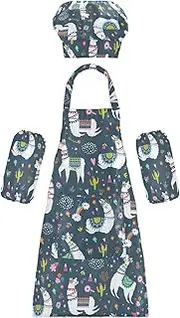 AIXIWAWA Kids Apron Chef Hat Set, Child Kitchen Bib Aprons Adjustable for Cooking Baking Painting (Rainbow Llama)