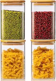 Square Glass Jars with Bamboo Lids, 42Oz 4 Pack Glass Pantry Storage Containers