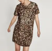 Zara Trafaluc NWT Leopard Print Short Sleeve Shift Mini Dress Size Small