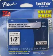 Brother P-Touch 1/2" TZE Label Tape TZe-1312pk Value 2 Pack Black on Clear