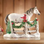 Christmas White Horse & Red Cardinal w/ Snowy Fence Tabletop Holiday Home Decor