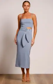 Pasduchas Melody Tie Blue Cut Out Belted Midi Dress RRP$280