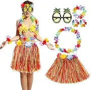 NIYANGLE Hawaiian Grass Skirt Set 15. 7 Inch Tropical Grass Hula Skirt Coloured Lei Bracelet Headbands Pineapple Simulated Tropical Beach Luau Wreath Outfits 6 Pieces, multi-coloured