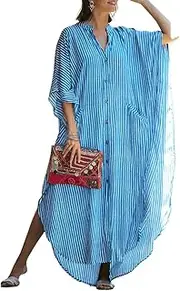 [Bsubseach] Women Stylish Plus Size Beach Shirt Dress Loose Button Up Bikini Cover Up