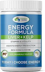 Grass Fed Beef Liver with Wild Harvested Kelp 100% Organically/Halal Sourced 2-IN-1 Energy Formula — Natural B12, Iodine, Iron & Vitamin A (180 Capsules)