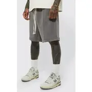 Mens Charcoal Oversized Drop Crotch Rib Hem Loopback Short