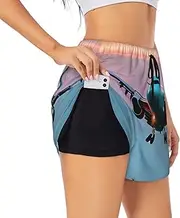 [WURTON] Airplane in The Evening Lights Print Exercise Gym Workout Shorts Women's Athletic Shorts Dual-Layered Yoga Running Shorts