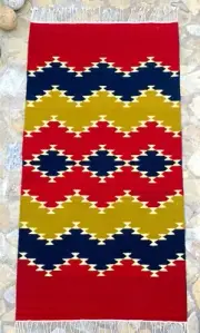 Mexican Zapotec Oaxacan 31”x60” Hand Woven Red Blue Geometric Wool Tapestry Rug