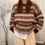 Patterned Sweater / Corduroy Straight Leg Pants 25023 - Sweater - Gray - One Size