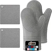 Gorilla Grip Heat Resistant Silicone Oven Mitt and Pot Holder 4 Piece Set, Waterproof, Soft Cotton Lined Gloves, Includes 2 Flexible Cooking Mitts and Trivet Mats, Potholder for Hot Pots, Pans, Gray