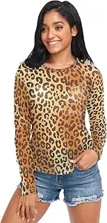 [RPLIFE] Black Brown Leopard Mesh Shirt Women Long Sleeve, Mesh Tops for Women Sexy S-XXL