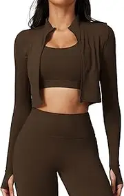 [Ausing] Women's Running Jacket Full Zip Long Sleeve Sports Tops Slim Fit Stretchy Yoga Jacket Athletic Workout Crop Top Stand Collar Cropped Gym Jackets with Thumb Holes Ladies Activewear S-XL