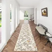UZU 80x400cm Non-Slip Washable Runner Rug for Hallway Bedroom Vintage Geometry Faux Cashmere Carpet Kitchen Rugs Indoor Long Durable Soft Floor Mat Low Pile Runners with Anti-Slip Backing Home Decor