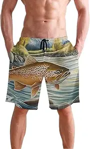[XYMZR] Retro Trout River Men's Swim Trunks Quick-Dry Bathing Suit Swimming Board Shorts S