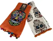 NEW Cynthia Rowley Sugar Skulls Halloween 2 Curious Kitchen Towels WITH TAGS