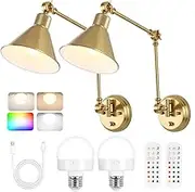 TRLIFE Rechargeable Battery Operated Wall Sconces, Dimmable and Adjustable Color Temperature Wireless Wall Sconce with Remote Control, 2 Swing Arms Gold Wall Light for Bedroom Bedside Hallway(2 Pack)