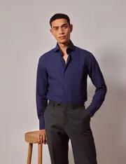 Hawes & Curtis Navy Slim Shirt -Contrast Detail | High Collar Size: XS