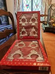 NIB Vtg 8 Wallace Silversmiths Christmas Tree Napkin Rings
