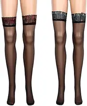 [Leadigol] 2 Pairs Women's Lace Top Thigh High Sheer Stockings, Over Knee Stockings Thigh Highs Embroidery Lace Stockings for Women Ladies, Black, One Size