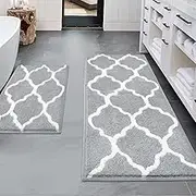 HEBE Bath Rug Runner Set 2 Piece Non Slip Microfiber Bath Mats Set Bathroom Absorbent Bathroom Rug Runner Sets Machine Washable(26"x18"+48"x18", Grey)