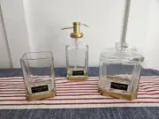 NEW! Tahari 3 Pc Bathroom Set GLASS GOLD Soap Lotion Dispenser Holder Jar Lid