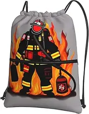 EdWal Firefighter Fireman Print Drawstring Backpack Gym Bags Sports Bags With Zipper Pocket For Travel Beach, Black, One Size
