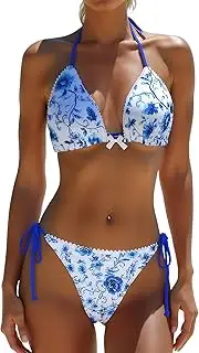 [WODECASA] Women's Sexy Bikini Set Floral String Triangle High Cut Cheeky Two Piece Swimsuit Halter Self Tie Swimwear