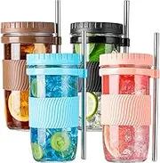 wookgreat 4 Pack Bubble Tea Cup, 24oz Iced Coffee Cups, Mason Jar with & Straws & 4 Airtight Lids, Reusable Wide Mouth Smoothie Boba Cup, Clean Brush, Glass Cups, Travel Drinking Bottle
