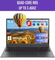 Laptop, 12GB LPDDR5 RAM 1TB SSD, Quad-Core N95 Processor Up to 3.4GHz, 15.6" FHD