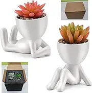 Paifeancodill Cute Artificial Succulent Plants with Creative Human Shaped Pots, 2 Pcs Mini Potted Succulents Decor, Mini Succulents Plants Artificial in White Modern Shaped Ceramic Pots for Home Decor
