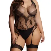 Le Desir Crotchless Rhinestone Halter Teddy - Black Queen Size