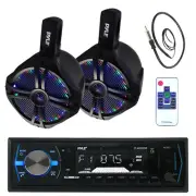 Black 6.5" Marine LED 200W Speakers, Antenna, Pyle Bluetooth USB Marine Receiver